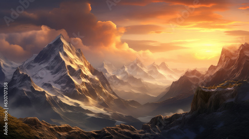 A painting of a mountain range at sunset