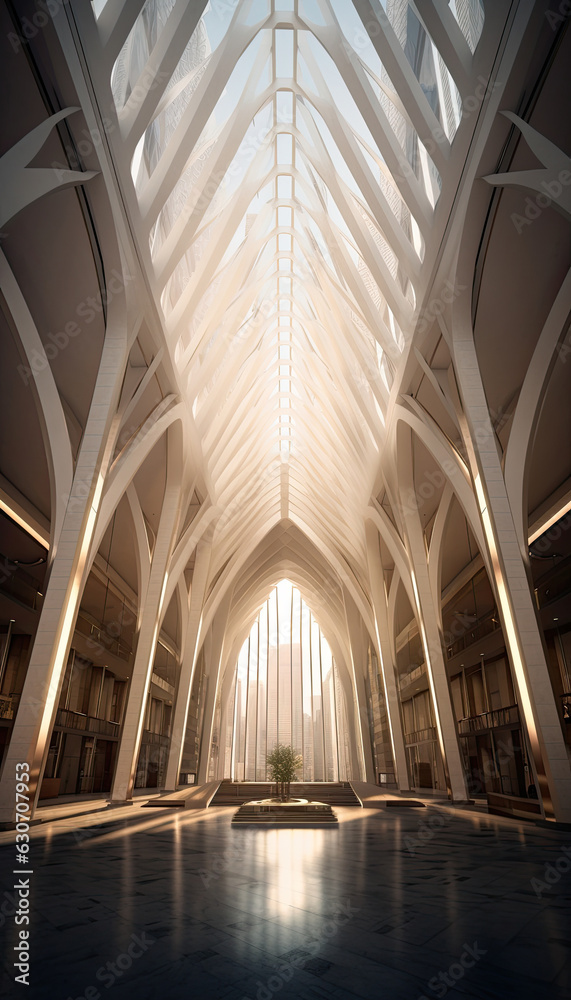 An empty large space inside a building that looks like a cathedral.