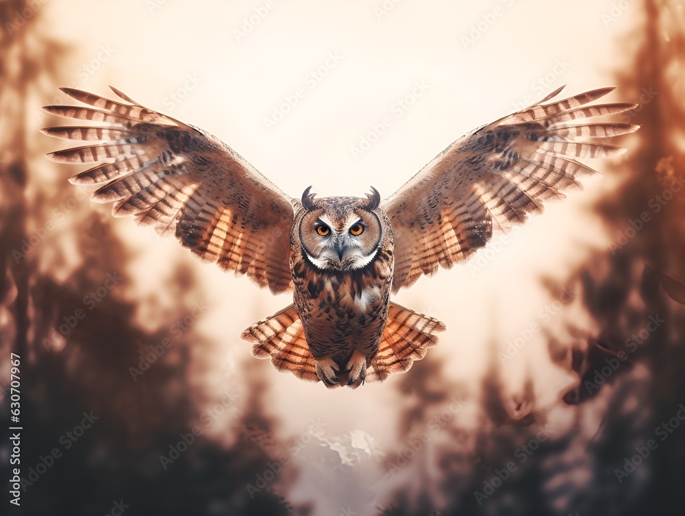 Flying owl in front of forest in warm sunlight Flying owl in front of forest in warm sunlight