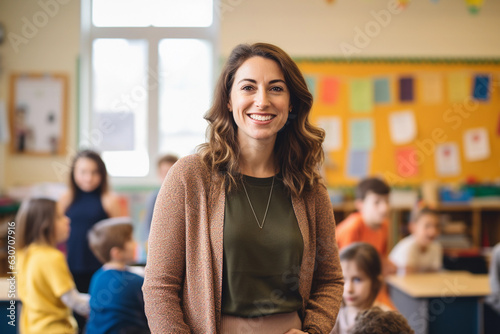 Portrait of smiling teacher in a class at elementary school looking at camera with learning students on background
