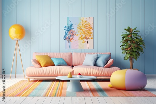 Modern interior. Vibrant pastel girly living room, cozy pink couch, pastel pillows and colorful painting at walls. Generative AI. photo