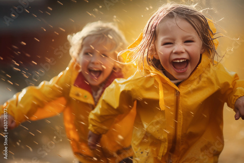 Photo Happy smiling children in yellow raincoat and rain boots running in puddle an au