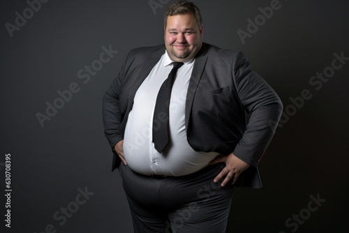 A young businessman with overweight in his office leads a sedentary life and poor nutrition photo