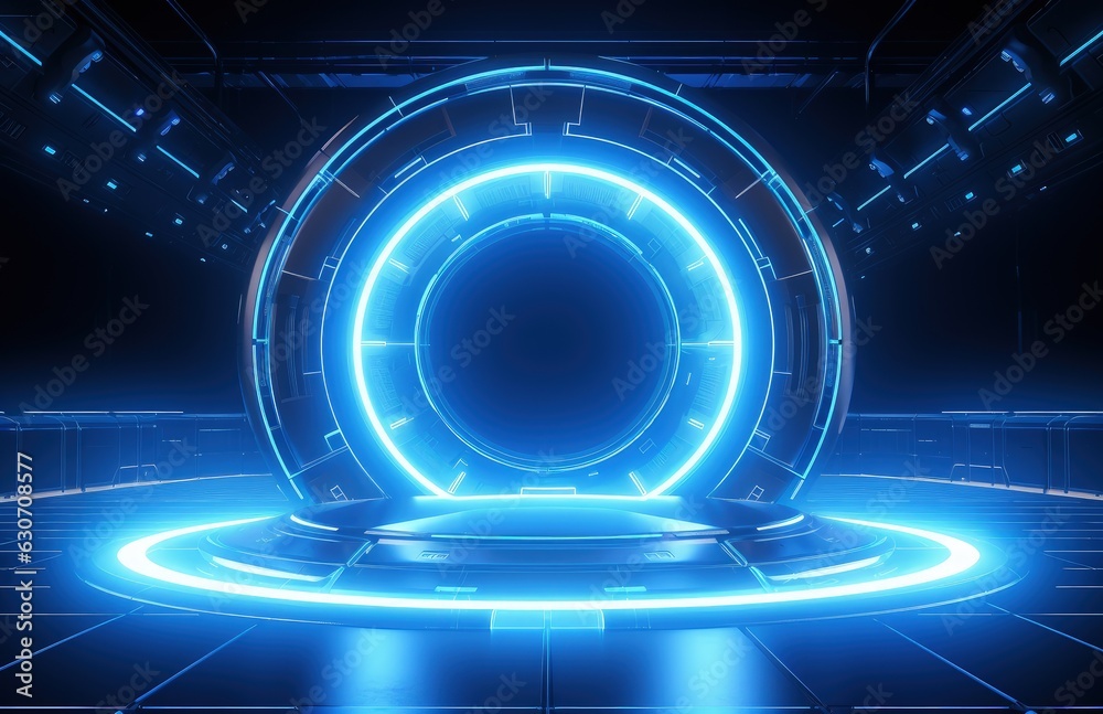 Technological background with blue neon lights, technology and innovation concept, digital illustration. Generative AI Technological background with blue neon lights, technology and innovation concept, digital illustration. Generative AI