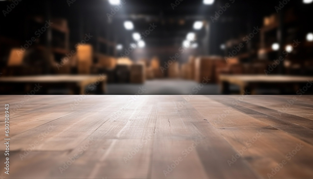 Empty wooden table on defocused blurred shelves in warehouse background.