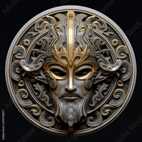 Spartan emblem made of silver and golden details, black background. Generative AI