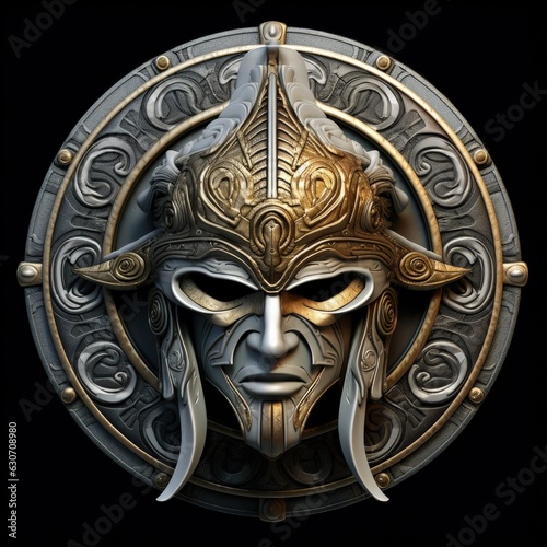 Spartan emblem made of silver and golden details, black background. Generative AI