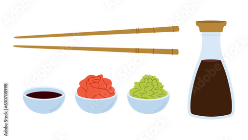 Soy sauce, wasabi, pickled ginger and chopsticks. Set of japanese seasoning for sushi. Flat isolated vector illustration on white background.
