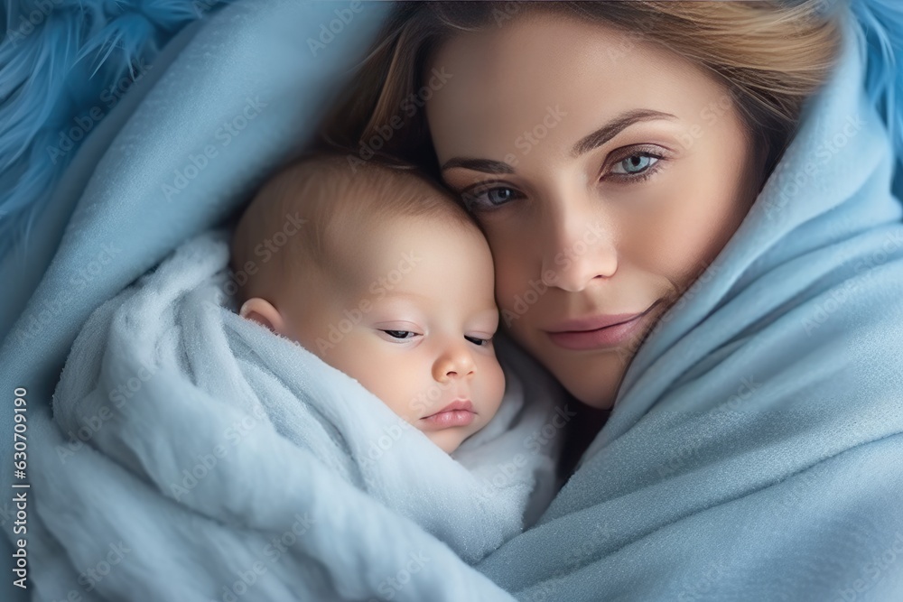 Woman holding adorable baby wrapped in blue blanket. Generative AI Woman holding adorable baby wrapped in blue blanket. Generative AI