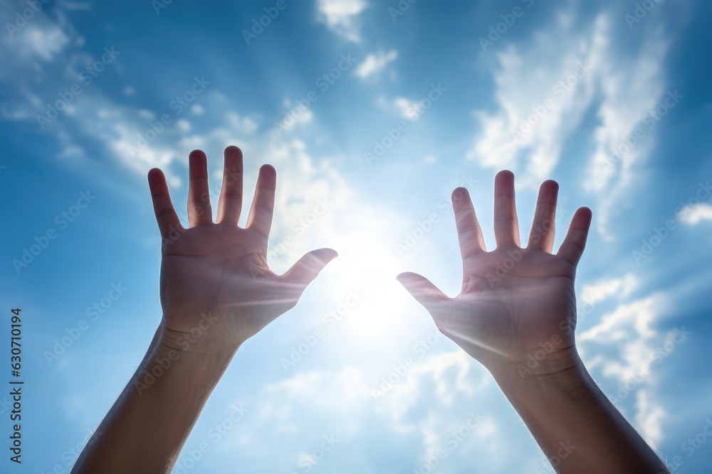 Hands outstretched to the sky and sun rays, concept of faith and gratitude. Generative AI Hands outstretched to the sky and sun rays, concept of faith and gratitude. Generative AI