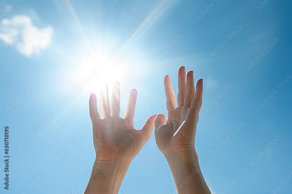Hands outstretched to the sky and sun rays, concept of faith and gratitude. Generative AI Hands outstretched to the sky and sun rays, concept of faith and gratitude. Generative AI