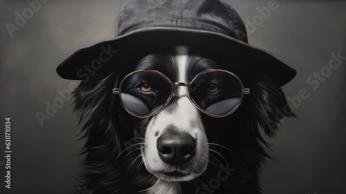 A black and white dog wearing glasses and a hat