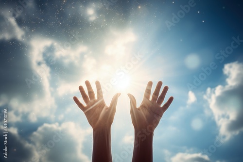 Hands outstretched to the sky and sun rays, concept of faith and gratitude. Generative AI
