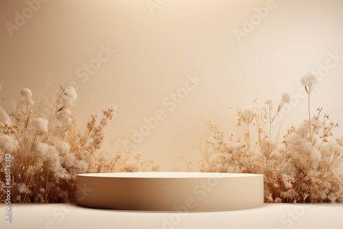 Beauty product photo background for showcase: smooth round beige colored podium in soft sunlight, dried flowers, on beige colored table counter top, negative space. Generative AI
