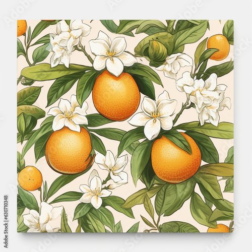 Botanical template design of orange fruit, flowers and leaves, blossom illustration
