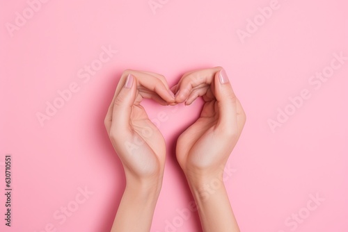 top view on female white skin hands making a heart shape on a pink solid color background
