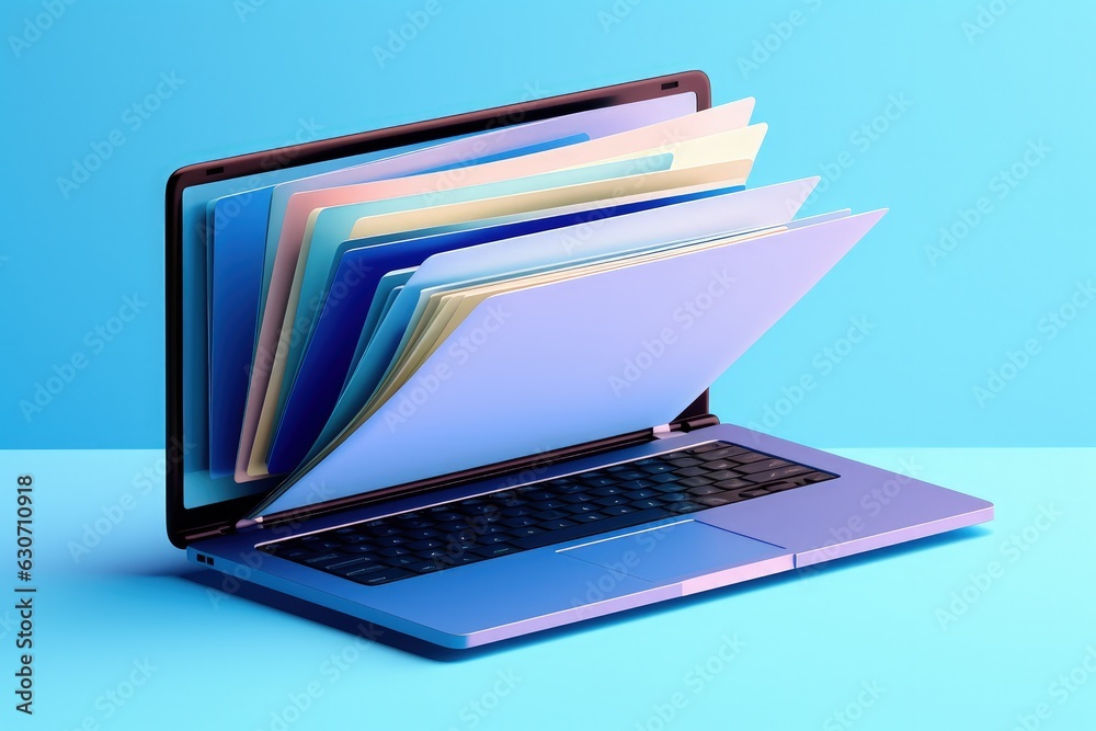 File folder on laptop screen, blue background. Generative AI File folder on laptop screen, blue background. Generative AI