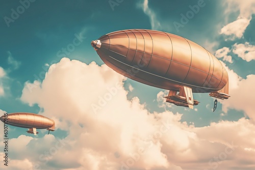 Witness the conceptual design of futuristic airships, as zeppelins gracefully soar through the sky. AI Generated.