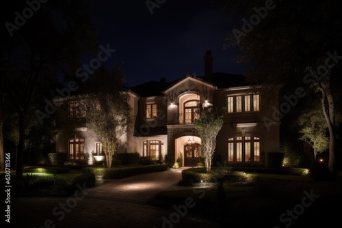Modern chic home with manicured lawn and landscaped garden at night.