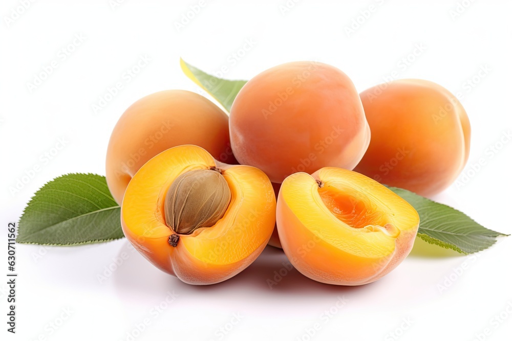 Ripe fresh apricots whole and cut in half on a white background.