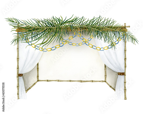 Jewish Sukkah with palm leaves on the top and paper decorations watercolor illustration isolated on white background for Sukkot holiday. Hand drawn succah hut photo