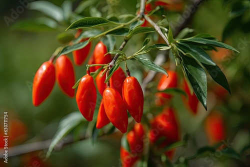Close-up of fresh red goji berries on the plant's lush green leaves, a colorful and healthy harvest. photo