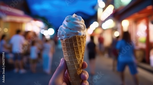 hand hold Melting ice cream cone on street food , AI generative