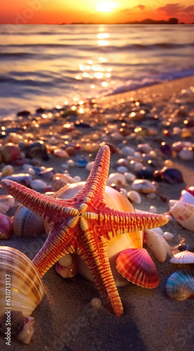 Starfish and seashells on the seashore in the golden hour of sunset. Starfish and a row of shells lying on the beach during the sunset. Made with generative AI.