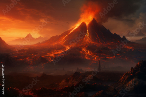 Huge massive Volcano Eruption. A large volcano erupts hot lava and gases into the atmosphere at night time. Lava dangerous nature explosion. Generative AI Technology