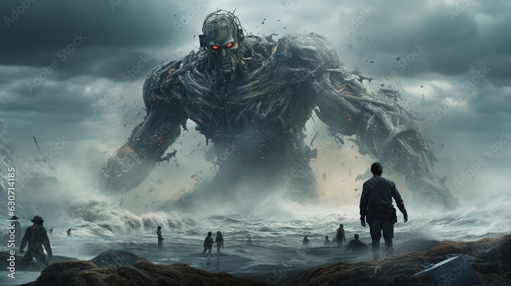 Sci-fi military giant war machine. Humanoid robot in apocalypse countryside. The concept of dystopia, science fiction, mecha and combat technology. - obrazy, fototapety, plakaty 
