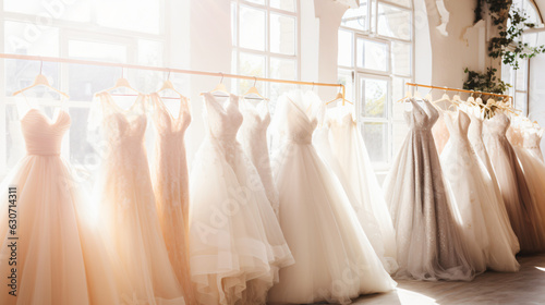 Various elegant wedding dresses in shop