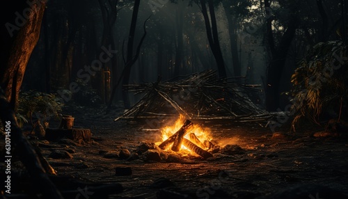 Fire burns at night in a forest clearing