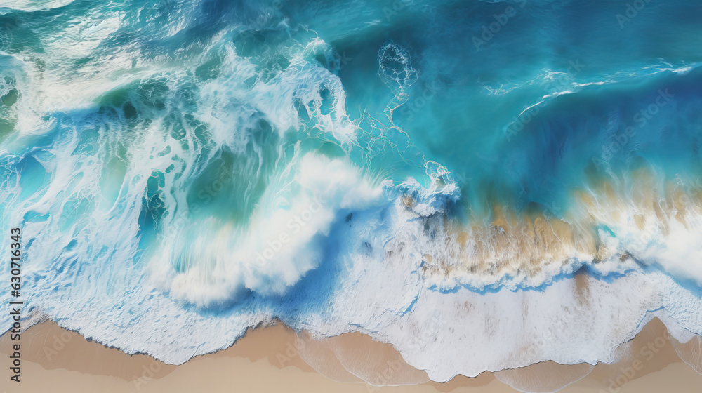 An aerial view of the ocean waves and sand