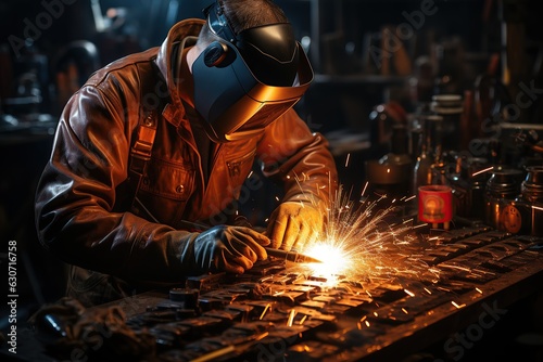 Welder welding metal using his welding mask, protective apron, protective gloves, safety shoes, ultra realisitc