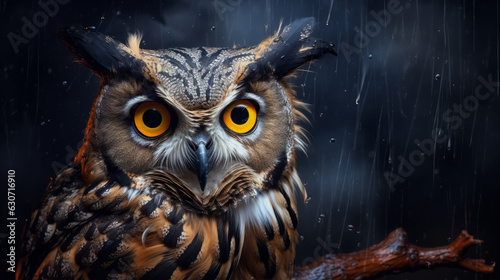 An owl is sitting on a branch in the rain