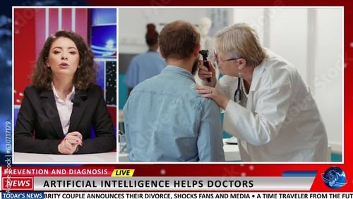Presenter reporting healthcare news developed by artificial intelligence, broadcasting live newscast reportage. Woman media reporter addressing global medicine industry events. photo