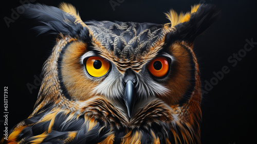 A close up of an owl with orange eyes