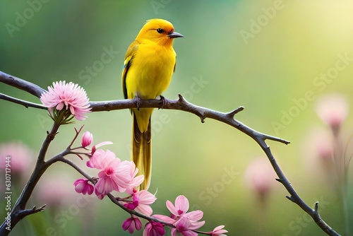 yellow and red bird sitting on tree branch generated by AI tool