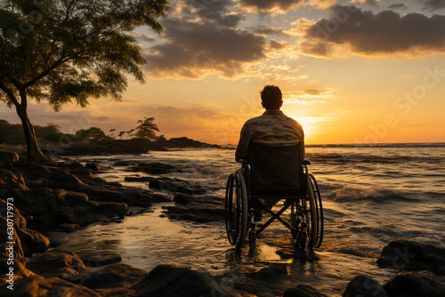wheelchair-bound man rests on the shore of a tropical beach during sunset