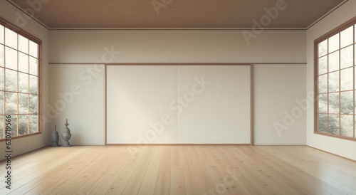 The interior of a room with a blank wall. Wooden floor