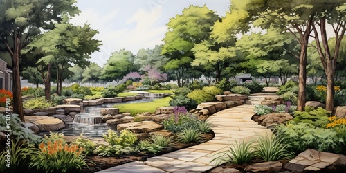 Landscape design scheme sketch a skillful blueprint embodying ideas and concepts for beautifying a space with natural charm. Generative AI