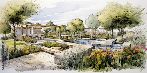 Landscape design scheme sketch a skillful blueprint embodying ideas and concepts for beautifying a space with natural charm. Generative AI