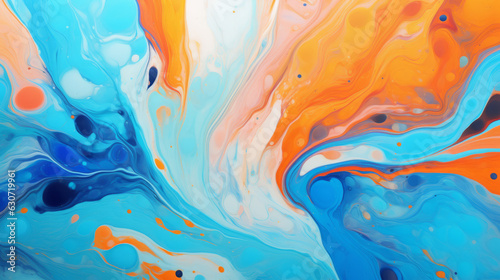 An abstract painting with blue, orange and white colors