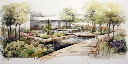 Landscape design scheme sketch a skillful blueprint embodying ideas and concepts for beautifying a space with natural charm. Generative AI