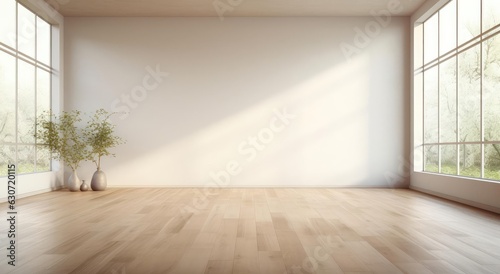 The interior of a room with a blank wall. Wooden floor