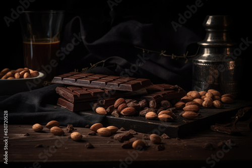 Chocolate, cocoa beans and almond nuts on a wooden table on a dark background. Still life with dark chocolate bars