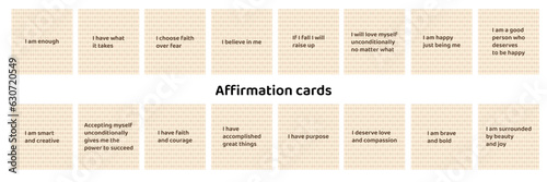 Patterned affirmation cards. Positive quotes, phrases, sayings.  Self-care positive and motivational cards for mental health. Emotional well-being. Abstract vector illustration.