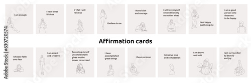Affirmation cards with young girls. Positive quotes, phrases, sayings.  Self-care positive and motivational cards for mental health. Emotional well-being. Hand-drawn line art vector illustration.