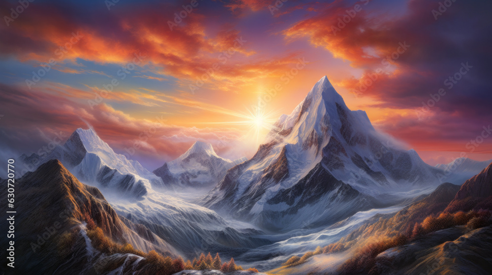 A painting of a mountain range at sunset