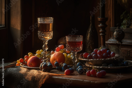 Wine and grapes. Crystal glasses with red and white wine, bunches of ripe grapes and fruit on the table by the window, still life